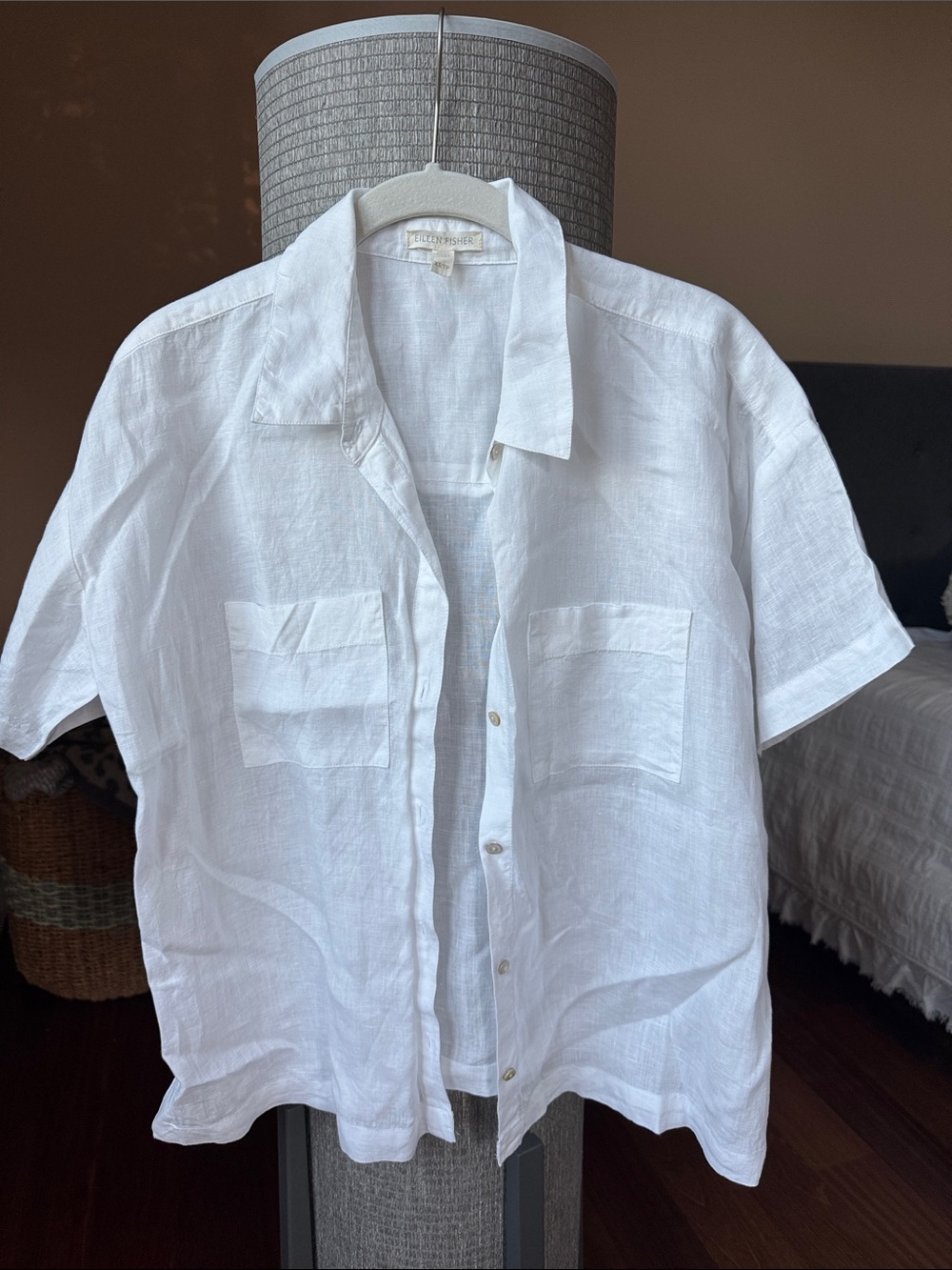 Eileen Fisher White Short-Sleeve Linen Button-Down Shirt